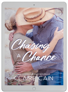 E-book cover of man in cowboy hat kissing woman in uniform, their faces obscured by the brim of the hat. The title of the book, Chasing a Chance, in script. The author's name, Claire Cain, at the bottom of the book. 